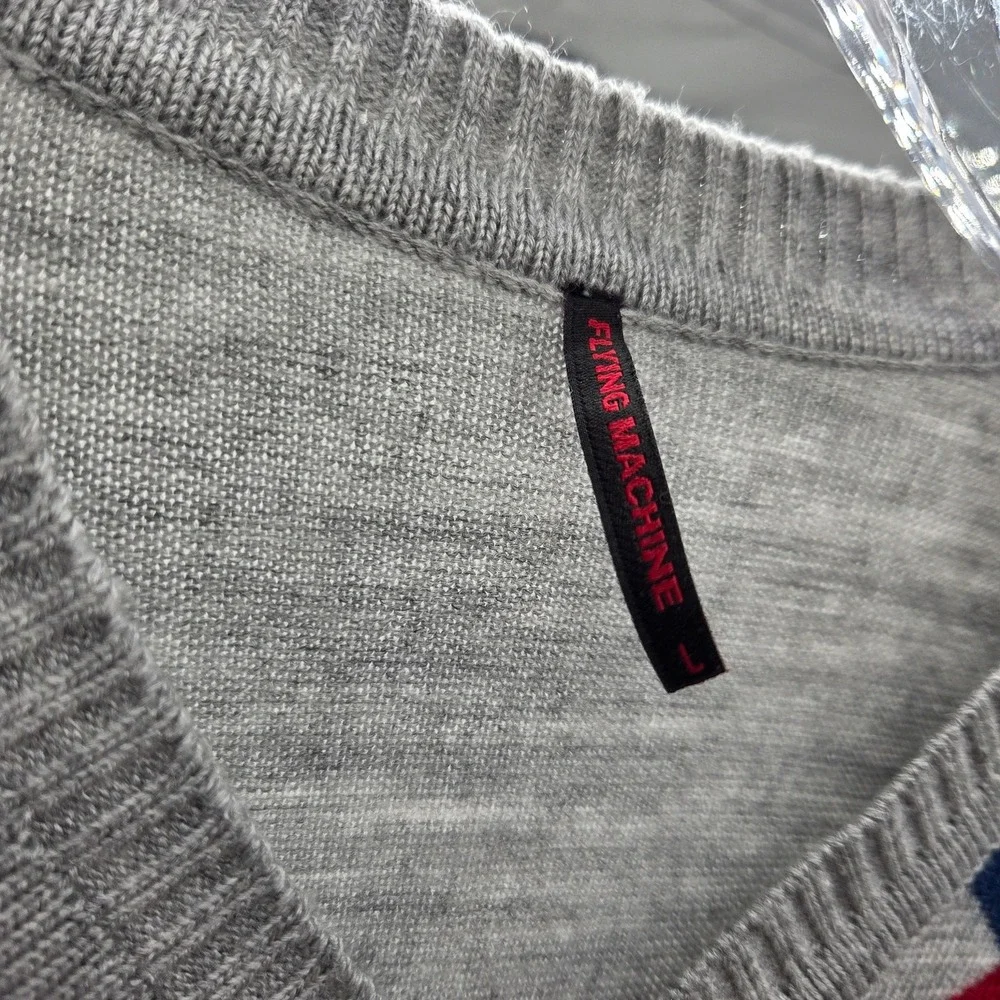 Flying Machine Sweater Mens Large Gray Red‎ Blue Argyle V-Neck Geometric